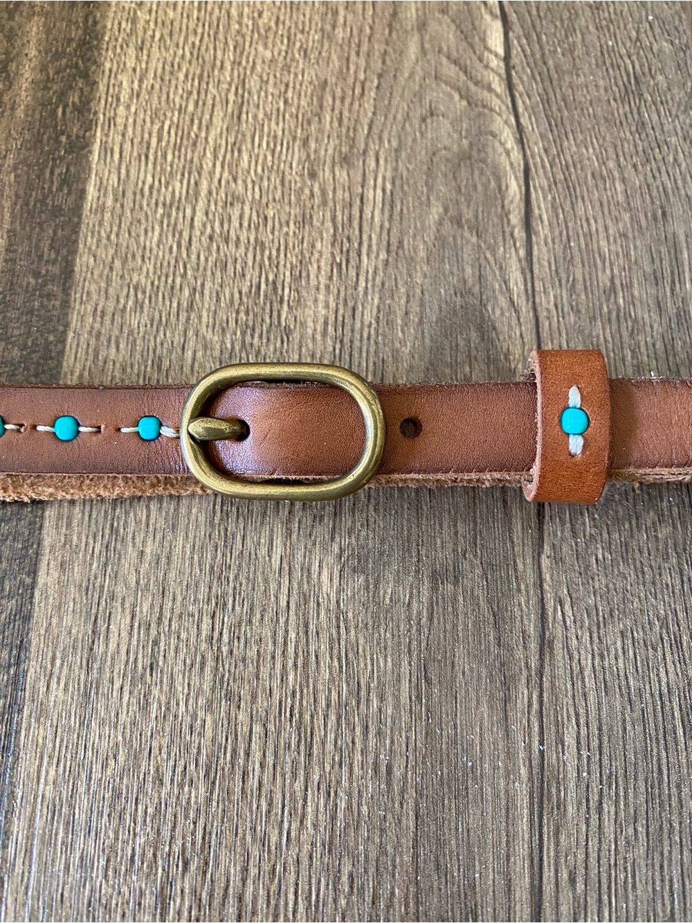 Brown Leather Belt with Turquoise Studs Small - Picture 2 of 3
